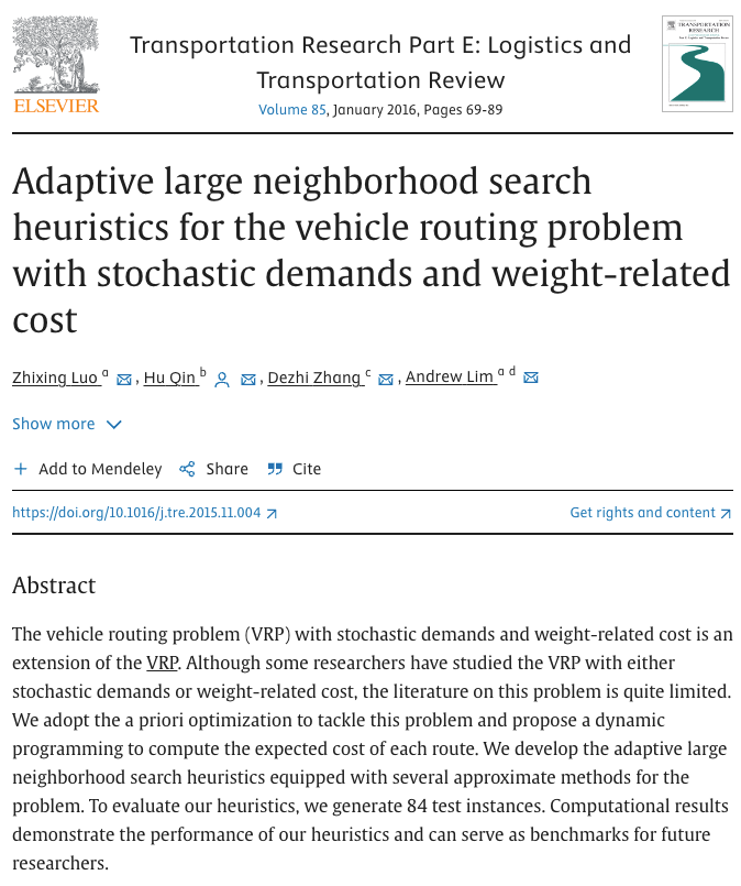 Adaptive large neighborhood search heuristics for the vehicle routing ...