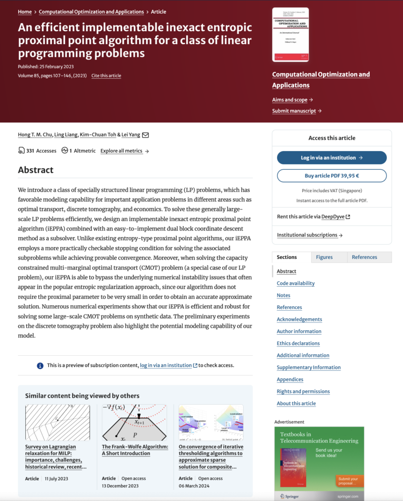 An efficient implementable inexact entropic proximal point algorithm ...